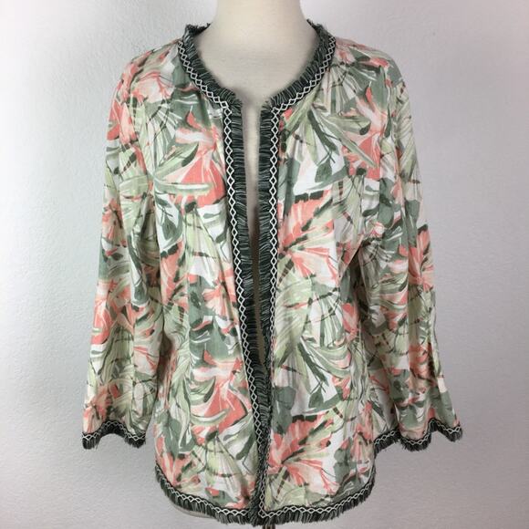 Chico's Green & Coral Leaf Print Fringe Edge Linen  Jacket 2 - Picture 2 of 8